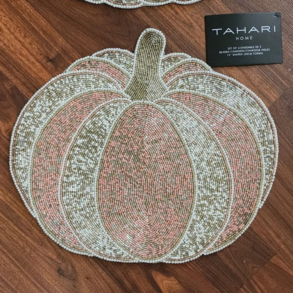 Tahari Home Beaded Pumpkin Chargers Set of 2 Pink Gold 15